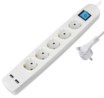 Transmedia 5-way power strip with 2x USB, white, 5m
