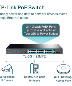 TP-Link 28-port Gigabit Easy Smart preklopnik (Switch), 24x 10/100/1000 Mbps RJ45 PoE+ port,2x SFP fiber uperlink port, Rack-mount, 250 w PoE+ budget
