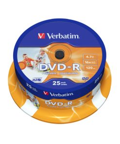 DVD-R Verbatim 4.7GB 16× Wide Inkjet Printable 25 pack spindle