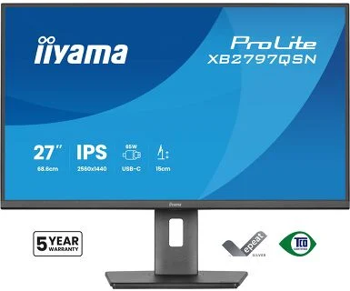 IIYAMA 27" XB2797QSN-B1 QHD (2560×1440) IPS Pivot, 75Hz, 1ms, 350cd/m2, 1000:1, HDMI/DP, USB-C Dock (PD 65W, DP out), 2×USB-A/2×USB-C, RJ45, zvučnici