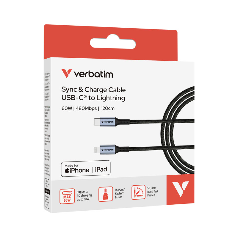 Verbatim Sync & Charge kabel USB-C na Lightning, M/M, 60W PD3.0, crni,1.2m