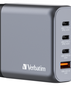 Verbatim GNC-140 GaN zidni punjač 140W, 4 priključka, 2×USB-C PD 140W / 1×USB-C PD 20W / 1×USB-A QC 3.0