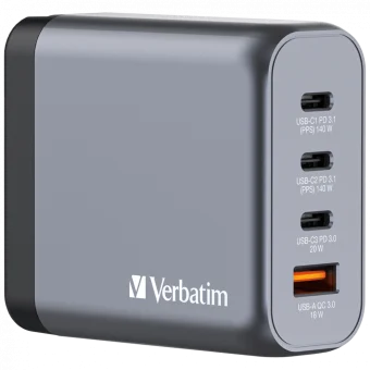 Verbatim GNC-140 GaN zidni punjač 140W, 4 priključka, 2×USB-C PD 140W / 1×USB-C PD 20W / 1×USB-A QC 3.0