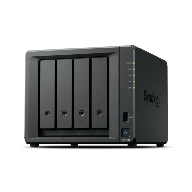 Synology DS925+ DiskStation 4-bay NAS server/2 x M.2 NVMe SSD slot, CPU AMD Ryzen V1500B 4-core 2.2 GHz, 4 GB DDR4 SODIMM, 2x RJ-45 2.5 GbE LAN, 2x USB 3.2