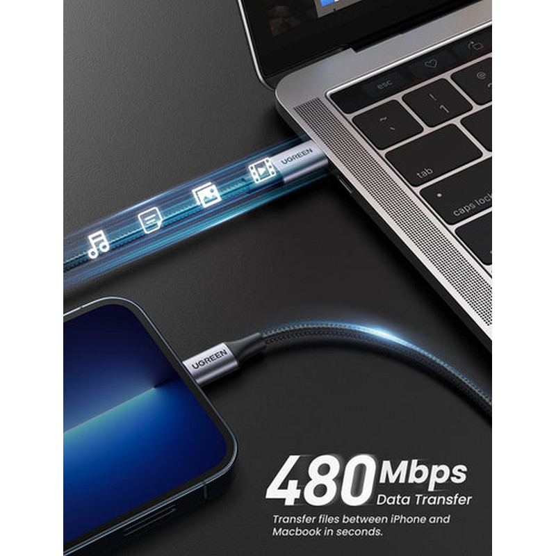UGREEN Lightning na USB-C (M), MFi, PD, pleteni kabel, 1.0m