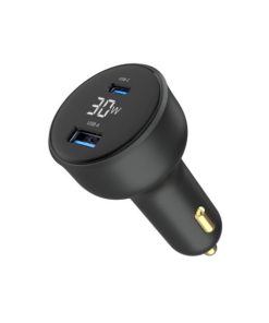 Gembird 2-port USB car fast charger, Type-C PD, LCD, 30 W, black