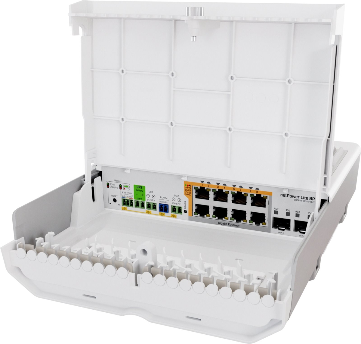 Mikrotik netPower Lite 8P CSS610-8P-2S+OUT, 8×1G PoE-out, 802.3af/at, 2×SFP+ 10G, SwOS, desktop kućište, PSU