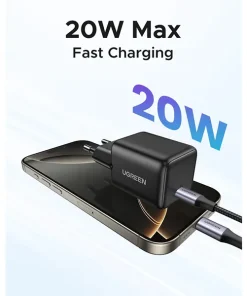 UGREEN zidni punjač 20W, 1×USB-C, GaN, crni