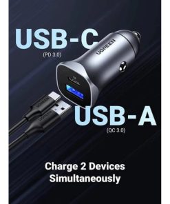 UGREEN auto punjač 24W, USB-C+USB-A, PD3.0/QC3.0, srebrni