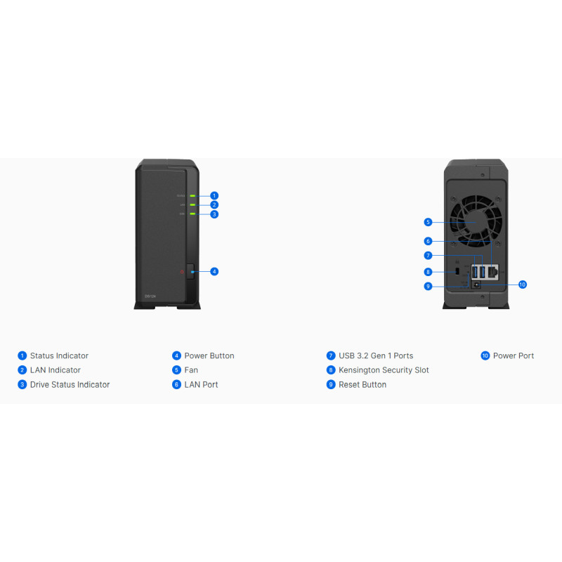 Synology DS124 DiskStation 1-bay NAS server, 2.5"/3.5" HDD/SSD podrška, Wake on LAN/WAN, 1GB DDR4, 1×1GbE, 2×USB3.2 Gen1