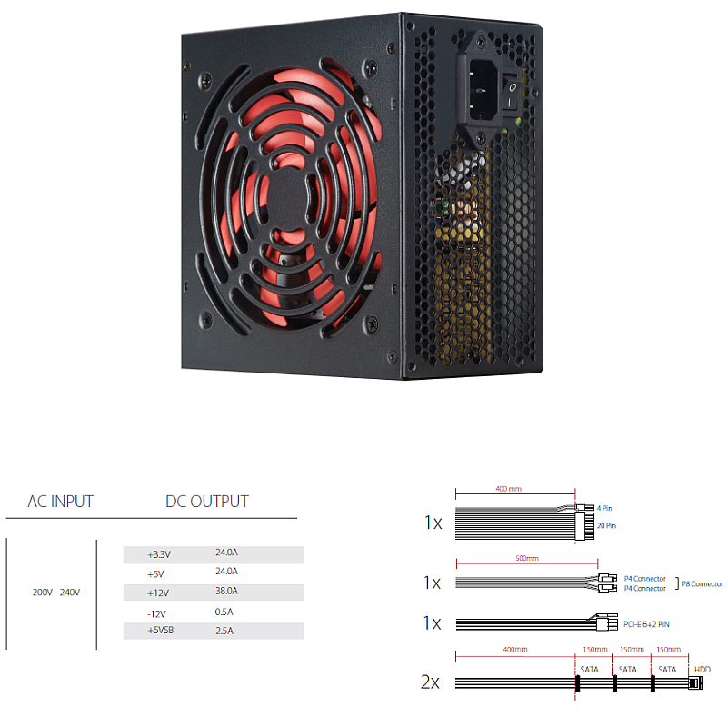 Xilence 600W RedWing R7 Edition, ATX 2.3.1, pasivan PFC, 1×PCIe, 4×SATA, 20+4-pina, 120mm ventilator, crno