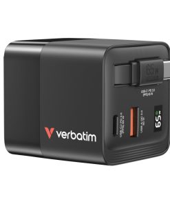 Verbatim GaN zidni punjač 65W, USB-C kabel na izvlačenje + 1×USB-A + 1×USB-C
