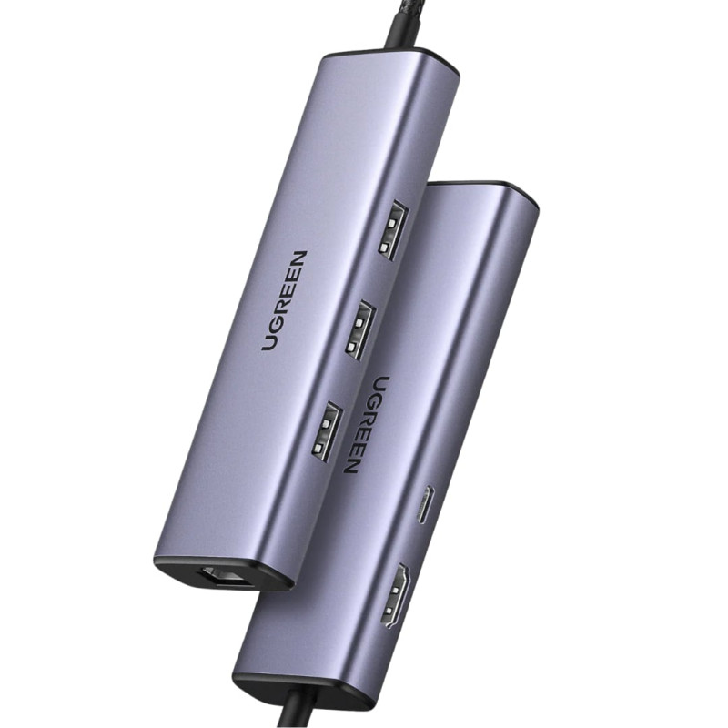 UGREEN 6-portni USB-C HUB USB-C 3×USB-A 3.0, 1×HDMI,1×RJ45,1×USB-C PD, sivi
