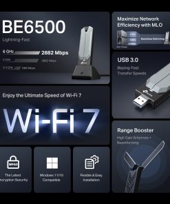TP-Link BE6500 Archer TBE400UH Wi-Fi 7 High Gain Wireless USB Adapter, 2882Mbps/2882Mbps/688Mbps (2.4GHz/5GHz/6GHz), 2× High-Gain Tri-Band Antennas