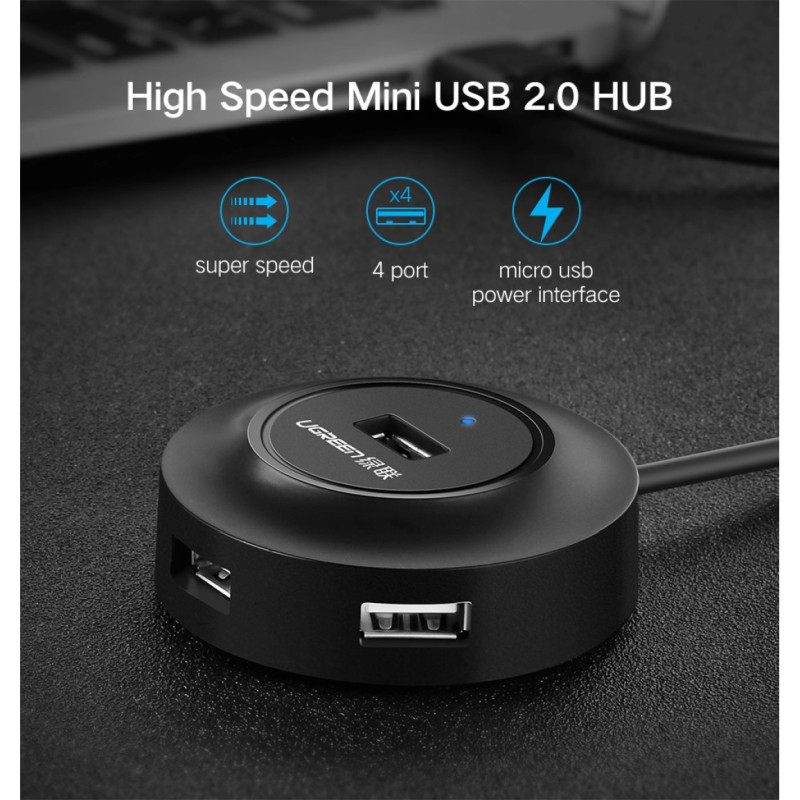 UGREEN 4-portni USB-A HUB 4×USB-A 2.0, crni, 1.0m