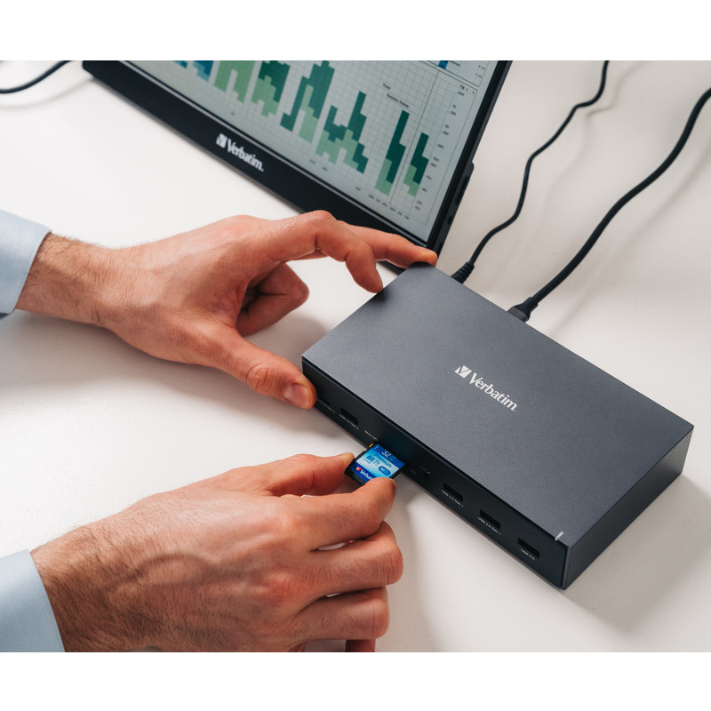 Verbatim CDS-17 portni USB-C Pro Docking Station HDMI do 8K | 2 x HDMI do 4K | 2 x DP | RJ45 | USB-A 3.2 | 2 x USB-A 3.0 | 2 x USB-A 2.0 | USB-C® 3.2 | SD | microSD | Audio | DC napajanje | USB-C Host