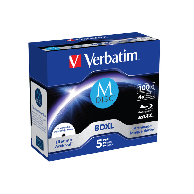 M-Disc Lifetime Archival Verbatim 100GB BD-R XL 4× Inkjet Printable 5 pack JC