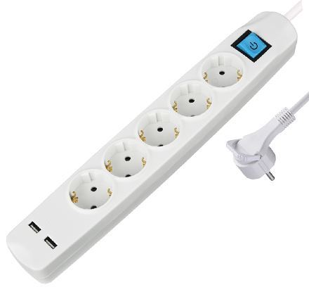 Transmedia 5-way power strip with 2x USB, white, 3m