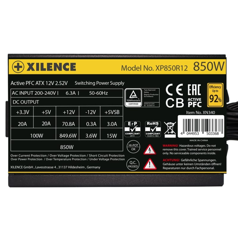 Xilence 850W Gaming, ATX 2.52 80+ GOLD, aktivan PFC, 3×PCIe, 6×SATA, 20+4 pina, 120mm ventilator, crno