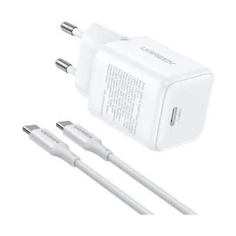 UGREEN zidni punjač 30W, USB-C, GaN, bijeli + USB-C kabel, 1m