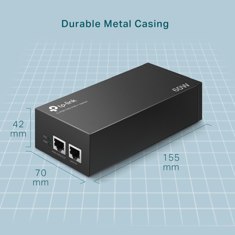 TP-Link PoE++ Injector Adapter, 1×Gbit PoE Port, 1×Gbit Non-PoE Port, 802.3at/af/bt, Data+Power po istom kablu do 100m, metalno kućište