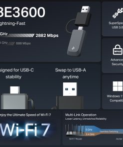 TP-Link BE3600 Archer TBE230U bežični Dual-Band Wi-Fi 7 USB3.0/USB Type C adapter 688Mbps/2882Mbps (2.4GHz/5GHz), 802.11a/b/g/n/ac/ax/be, WPA/WPA2/WPA3, WPA-PSK/WPA2-PSK