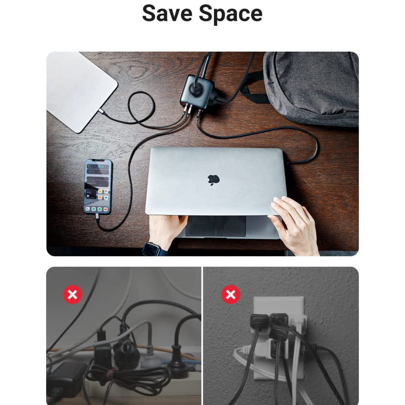 UGREEN DigiNest Cube, univerzalni punjač, 65W, 3x ŠUKO utičnica, 2x USB-C, 2x USB-A, 1.8m, crno sivi
