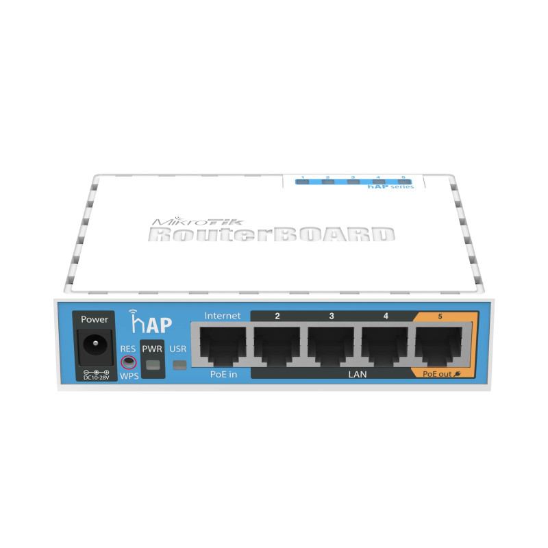 Mikrotik RB951Ui-2nD hAP, 650MHz CPU, 64MB RAM, 5×LAN, 2.4Ghz 802.11b/g/n, integrirana antena, USB, RouterOS L4, plastično kućište, PSU
