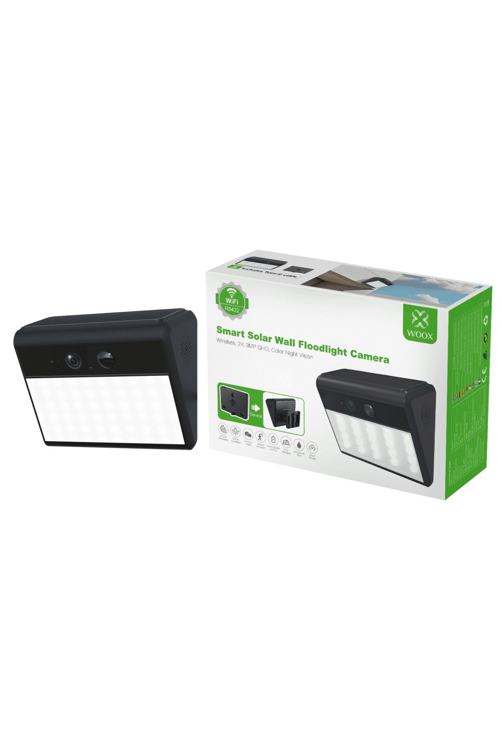 WOOX Smart solarna Wi-Fi sigurnosna kamera 2K s LED reflektorom i detekcijom pokreta, 2K (2304x1296), 3MP, IP67 (