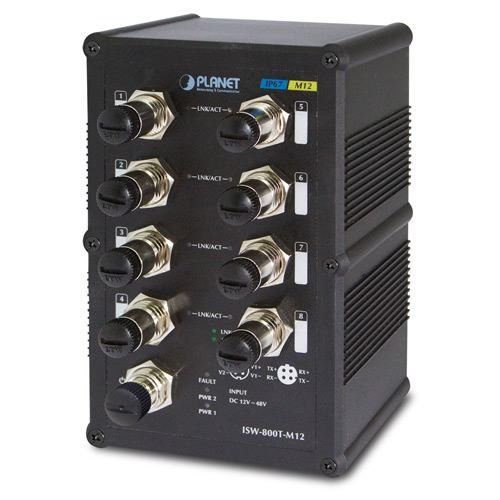 Planet Industrial 8-Port (8x 100Mbps M12) Switch (-40 to 75 degree C), unmanaged