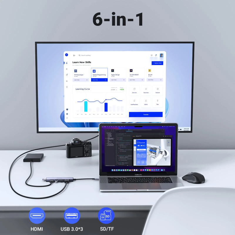 UGREEN 6-portni USB-C HUB 3xUSB-A 3.0, 1xHDMI 4K 60Hz, 1xSD, 1xTF, sivi