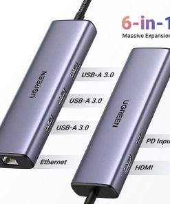UGREEN 6-portni USB-C HUB USB-C 3×USB-A 3.0, 1×HDMI,1×RJ45,1×USB-C PD, sivi