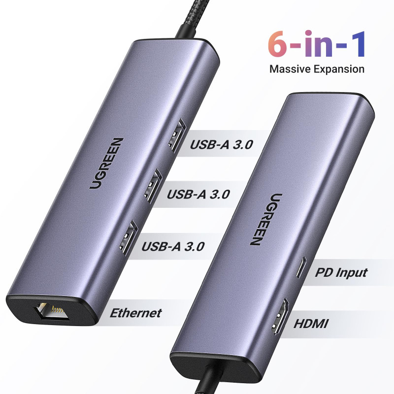 UGREEN 6-portni USB-C HUB USB-C 3×USB-A 3.0, 1×HDMI,1×RJ45,1×USB-C PD, sivi