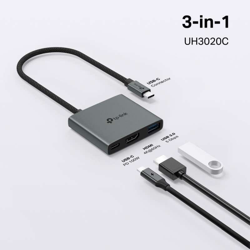 TP-Link 3-portni USB-C HUB 1xUSB-A, 1xUSB-C PD, 1x HDMI 4K 60Hz, crni