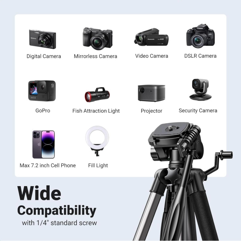 UGREEN LP661 Stativ tripod za foto i video, nosivost 5kg, visina 53.5-175cm, 360° Pan,180° Tilt, za mobitele, akcijske kamere, DSLR fotoaparate, ručne kamkordere, projektore