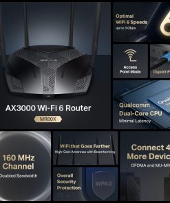 Mercusys MR80X AX3000 bežični usmjerivač (Dual-Band WiFi 6 Router) 574Mbps/2402Mbps (2.4GHz/5GHz), 802.11ax/ac/a/b/g/n, 3×G-LAN, 1×G-WAN, 4×5 dBi fiksne omni-direkcione antene