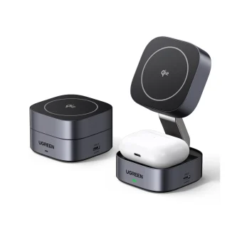 UGREEN 2in1 punjač, 15W, bežični, Qi2, za iPhone, AirPods Pro, sivi