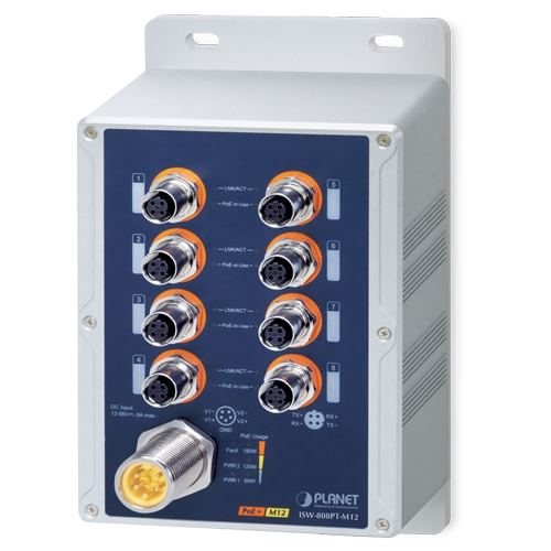 Planet Industrial IP67 8-Port 10 100TX M12 802.3at PoE Switch, Waterproof Dustproof