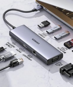 UGREEN 9-portni USB-C HUB 3xUSB-A,1xHDMI 4K 60, 1xVGA, 1xUSB-C PD 100W, 1xRJ45, 1xSD, 1xTF, sivi