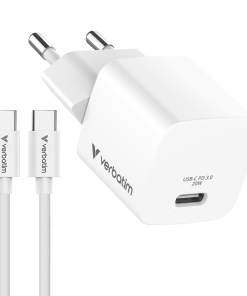 Verbatim Mini GaN punjač 20W PD3.0 s kabelom USB-C / C, M/M, 1.0m , bijeli