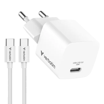 Verbatim Mini GaN punjač 20W PD3.0 s kabelom USB-C / C, M/M, 1.0m , bijeli