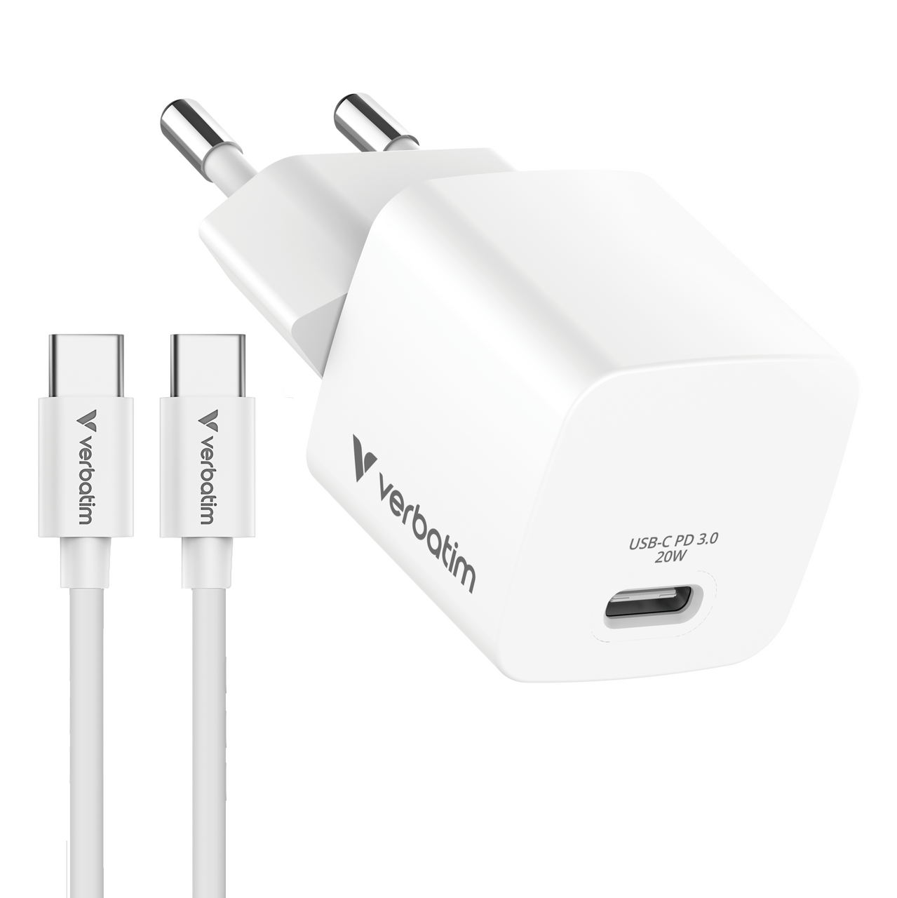Verbatim Mini GaN punjač 20W PD3.0 s kabelom USB-C / C, M/M, 1.0m , bijeli