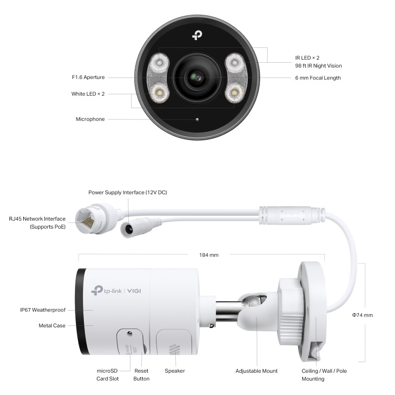 TP-Link VIGI InSight S355 Full color kamera 2K 5MP, H.265+, 6mm leća, RJ45, Night Vision, microSD, dvosmjerni audio, detekcija pokreta, vodootporna IP67, VIGI app