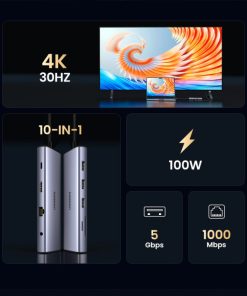 UGREEN 10-portni USB-C HUB 3×USB-A 3.0, 1xUSB- C PD, VGA, 4K, HDMI, 1xG-LAN, 1xSD, 1xTF, 3.5mm, sivi