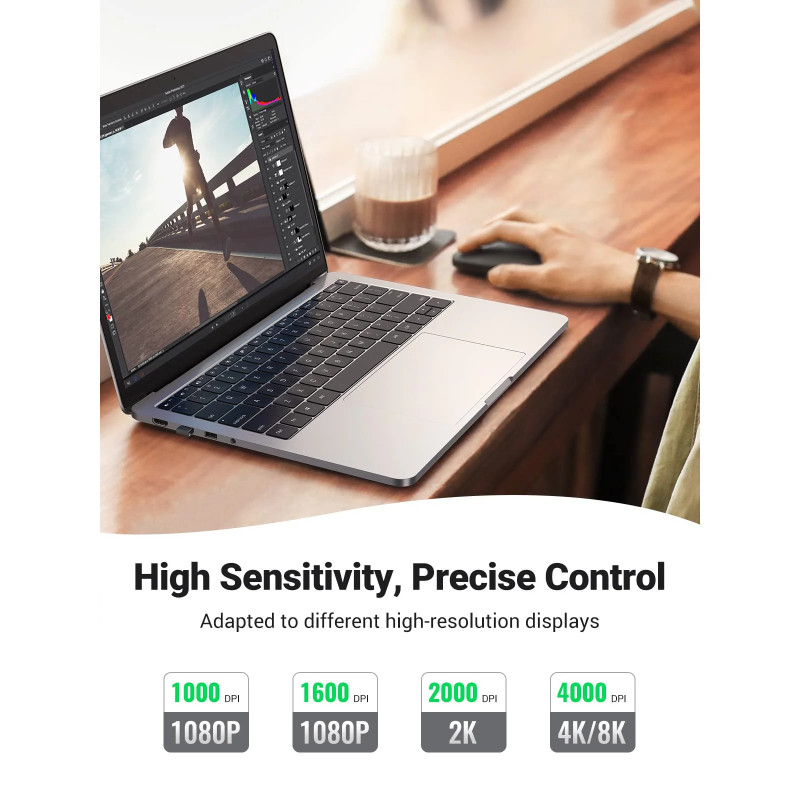 UGREEN SILENT bežični miš, 4000 DPI, USB, sivi
