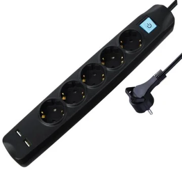 Transmedia 5-way power strip with 2x USB, black, 3m