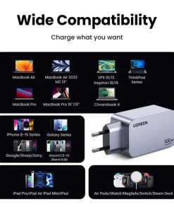 UGREEN Nexode Pro Mini FC zidni punjač 100W, 2x USB-C, USB-A, USB-C kabel, GaN, sivi