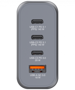 Verbatim GNC-140 GaN zidni punjač 140W, 4 priključka, 2×USB-C PD 140W / 1×USB-C PD 20W / 1×USB-A QC 3.0