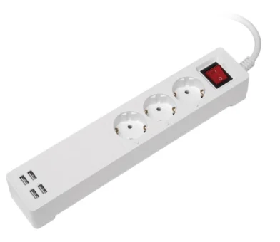 Transmedia Smart 3-way power strip with 4 USB charging ports (total 5V 2,1A)