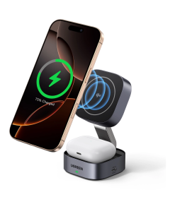 UGREEN 2in1 punjač, 15W, bežični, Qi2, za iPhone, AirPods Pro, sivi